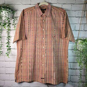 NAUTICA SHORT SLEEVE MENS BUTTON DOWN RUST TAN AND GOLD SIZE LARGE EUC